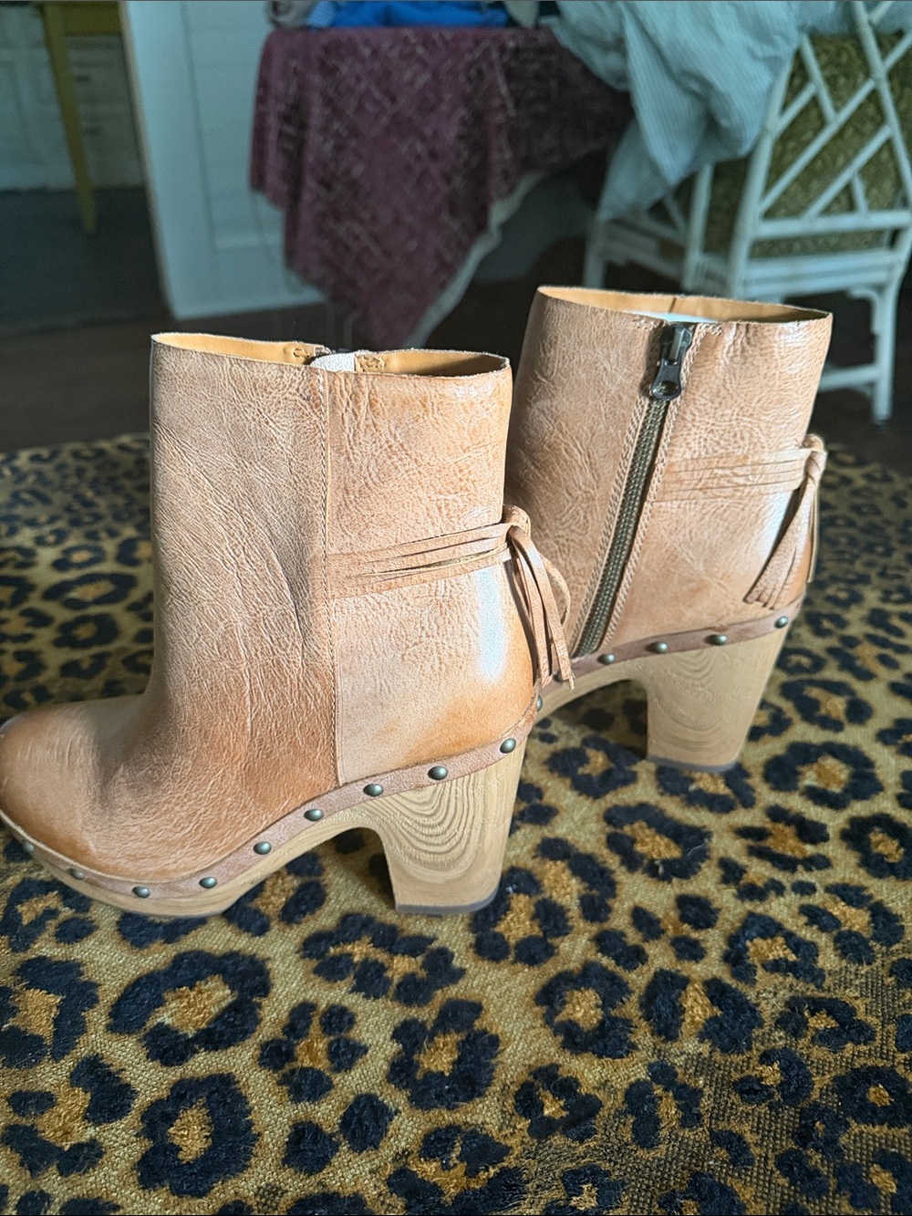 Kork-Ease Tan Leather Ankle Booties with Studded Clog Heel